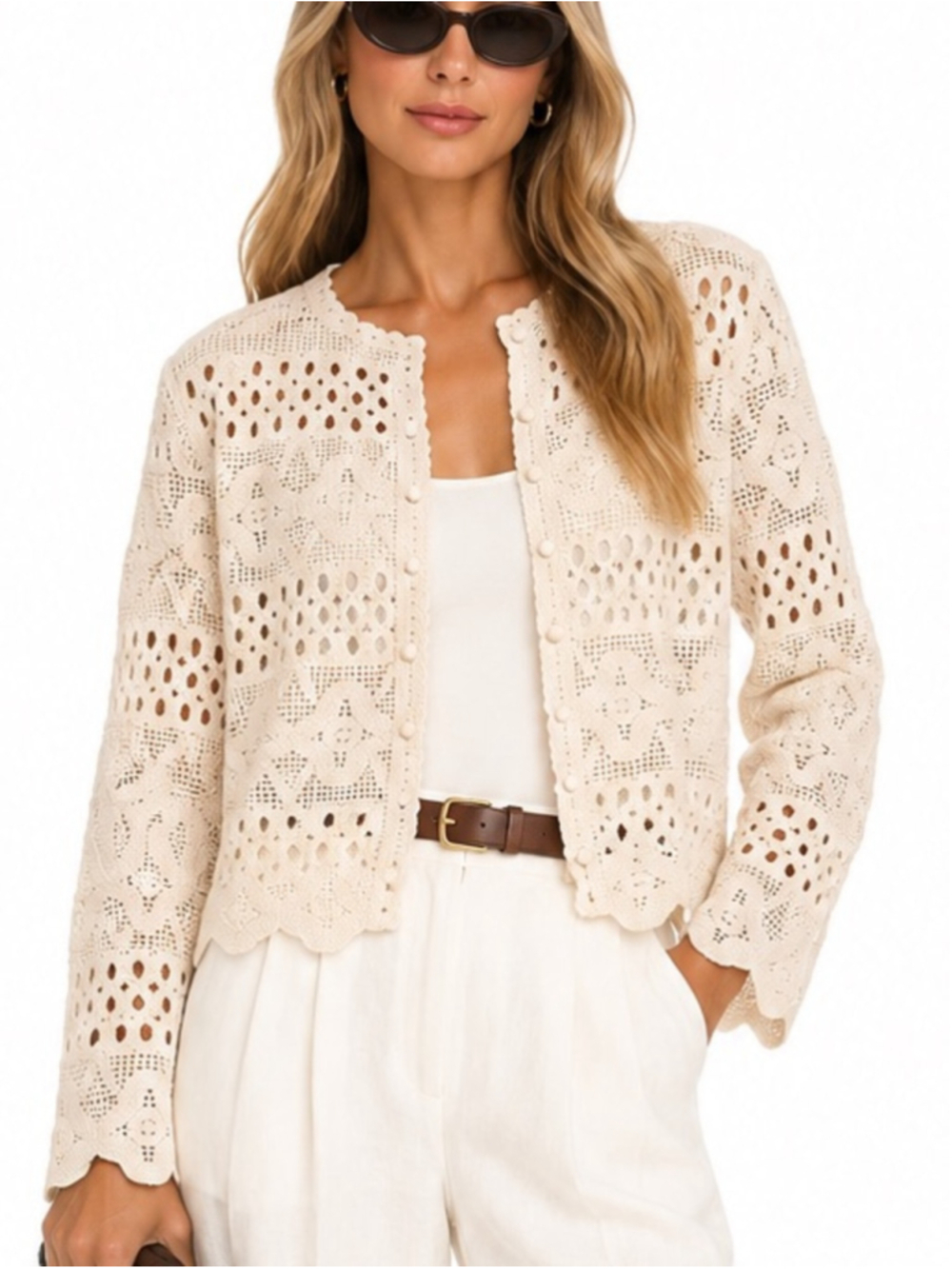 Galerie Cream Crochet Lace Cardigan Jacket Openwork Boho Pearl Button XL